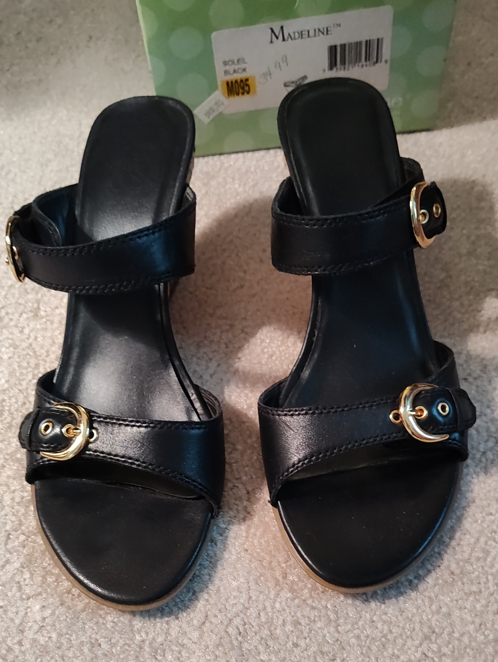 Madeline Black Leather Slide Mules with Gold Buckle Accents